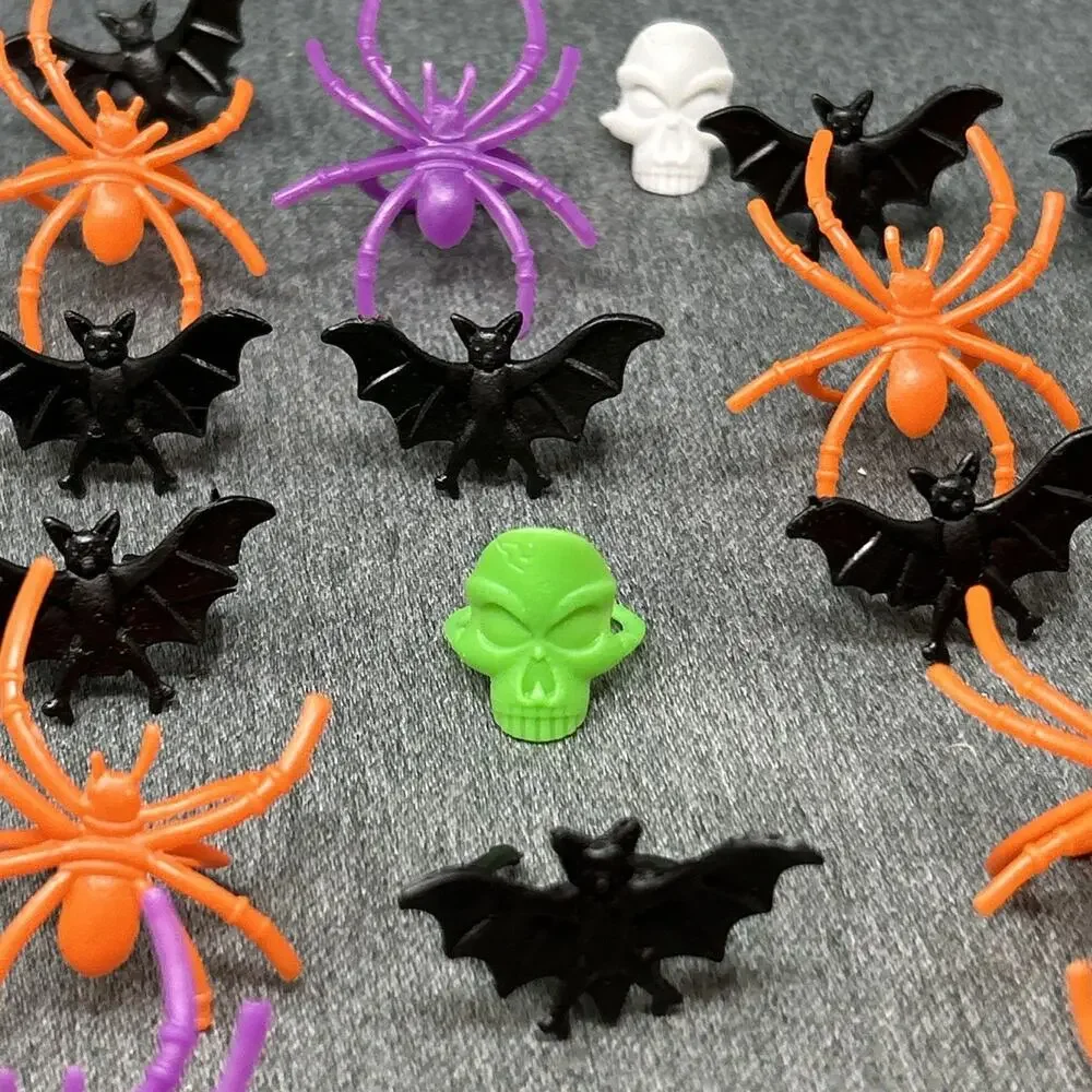 50+ Assorted Halloween Rings Spiders Bats Skulls Zombies Kids Bulk Party Favors